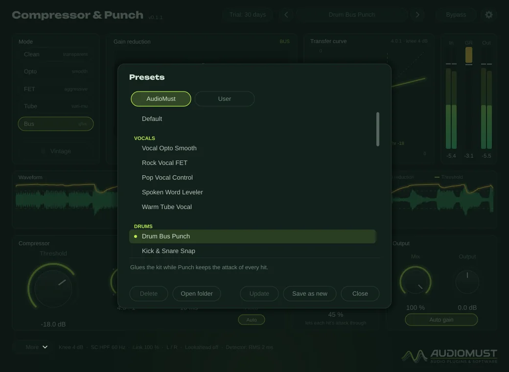 The Compressor & Punch preset browser
