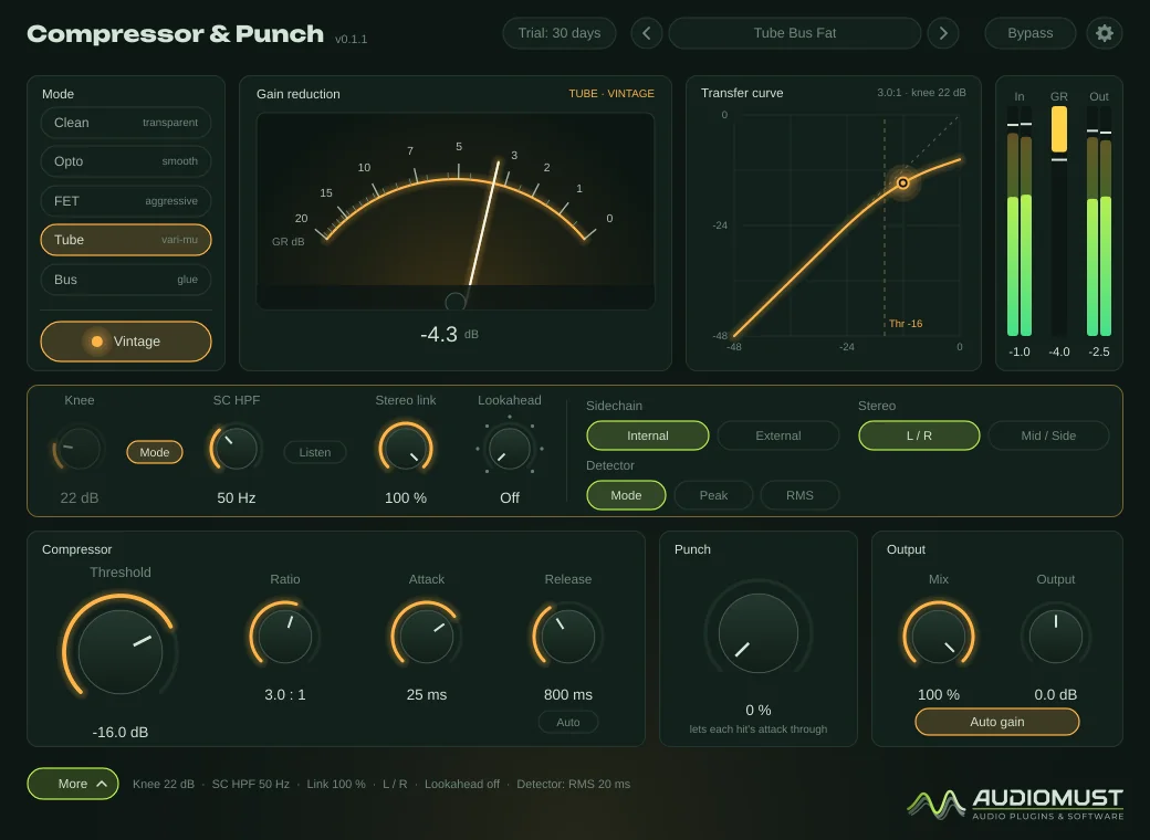 Compressor & Punch in Tube mode with Vintage on and the More drawer open