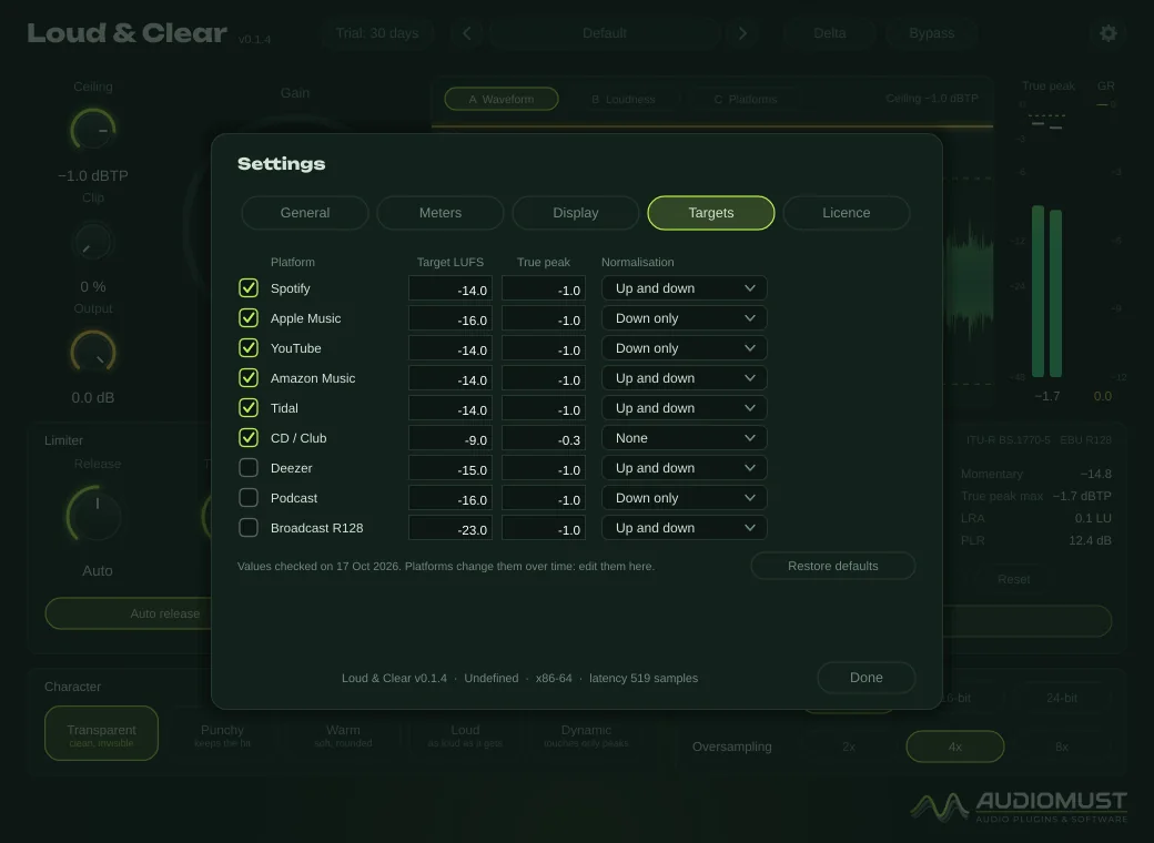 Settings → Targets, with the loudness of each platform