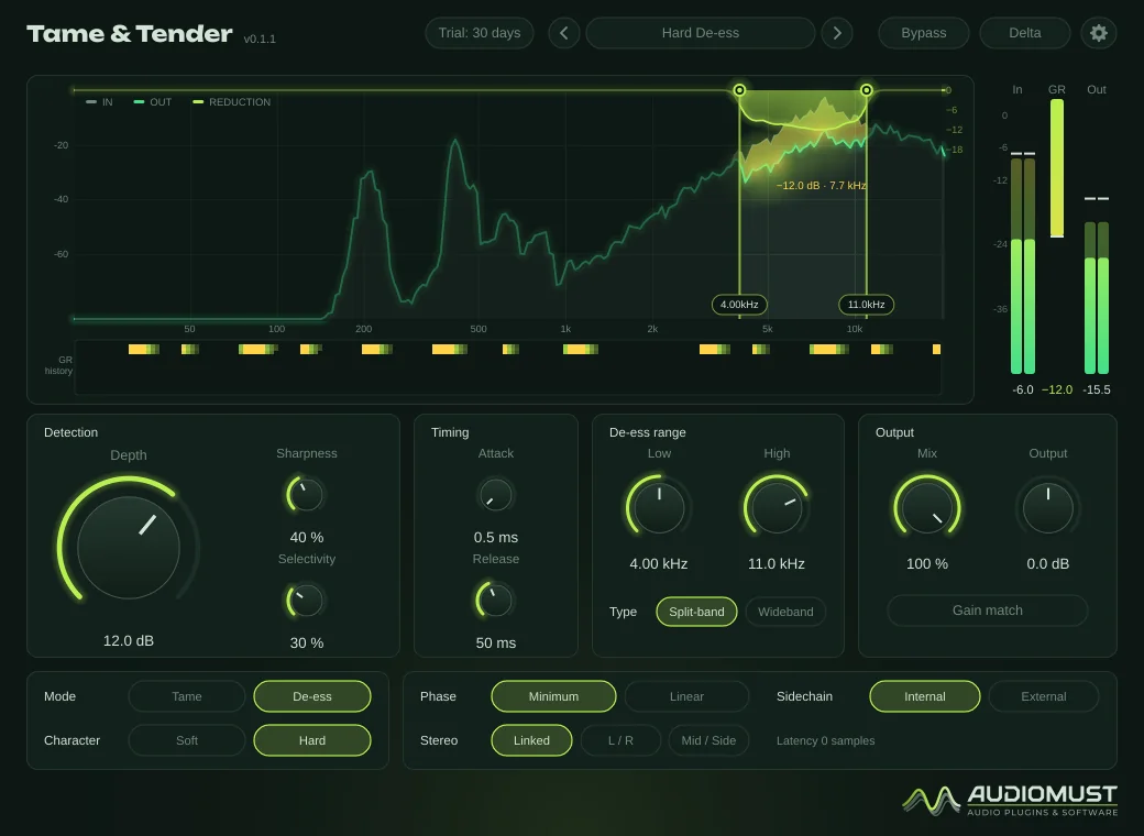 Tame & Tender in De-ess mode with the Hard De-ess preset