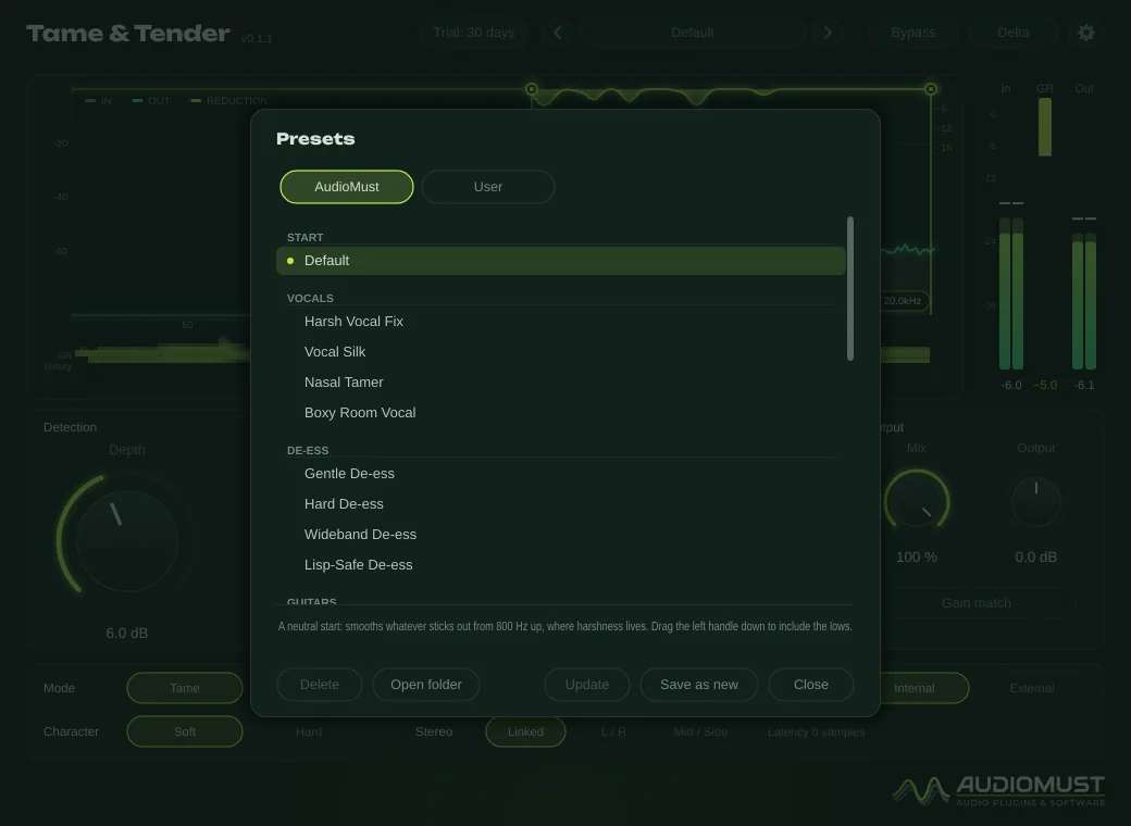 The Tame & Tender preset browser