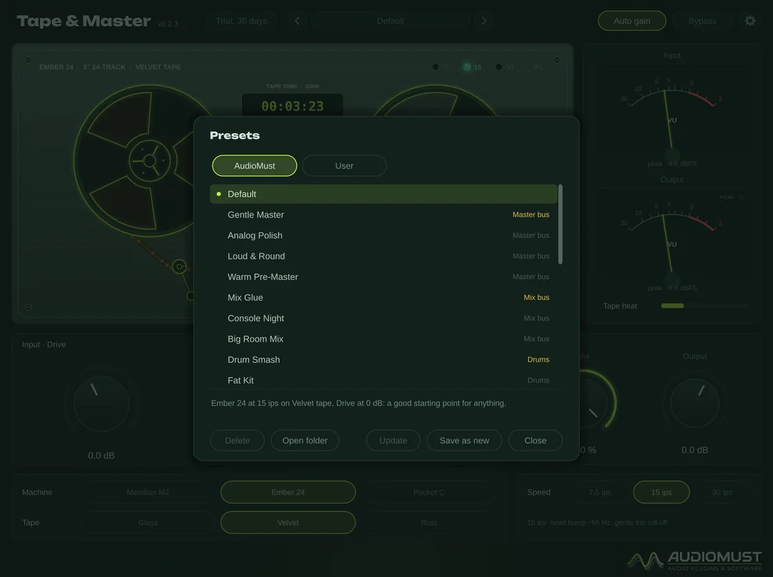 The Tape & Master preset browser